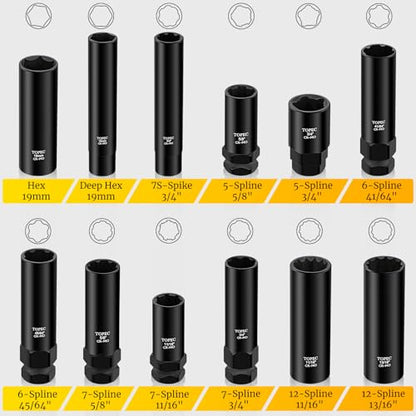 Topec 12PCS Spline Lug Nut Socket Set, Master Lug Nut Key Set of 5, 6, 7, 12 Spline, Wheel Lock Removal Kit for Spike and Hex Lug Nuts, Universal Locking Lug Nut Removal Tool