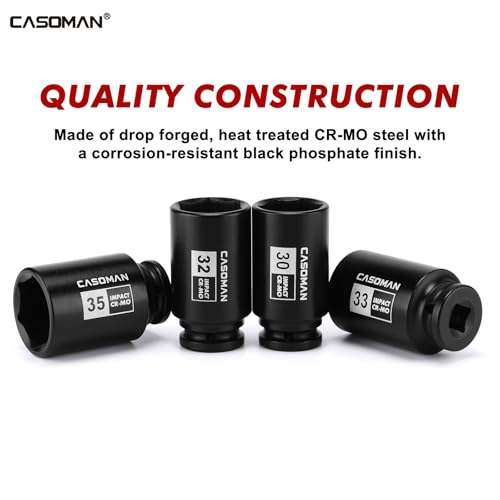 CASOMAN 1/2” Drive Deep Big Impact Socket Set, 21 - Piece Large Spindle Axle Nut Impact Wrench Socket Set, 6 Point, CR-MO, Metric & SAE, 27mm - 41mm, 1-1/16" - 1-5/8"