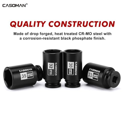 CASOMAN 1/2” Drive Deep Big Impact Socket Set, 21 - Piece Large Spindle Axle Nut Impact Wrench Socket Set, 6 Point, CR-MO, Metric & SAE, 27mm - 41mm, 1-1/16" - 1-5/8"