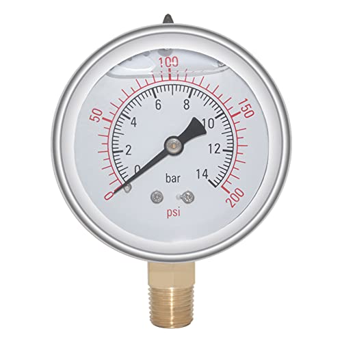 Joywayus Pressure Gauge 0-200 PSI Brass 1/4" NPT Male Thread Lower Mount, Glycerin Filled, Stainless Steel Case, Multiple Function - size: 0-200PSI--1/4", style: Glycerin Filled