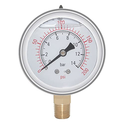 Joywayus Pressure Gauge 0-200 PSI Brass 1/4" NPT Male Thread Lower Mount, Glycerin Filled, Stainless Steel Case, Multiple Function - size: 0-200PSI--1/4", style: Glycerin Filled