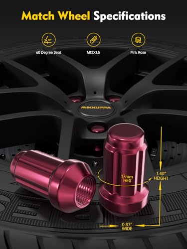 MIKKUPPA M12x1.5 Lug Nuts, Rose Pink 20PCS Closed End Spline Lug Nuts - color: Rose Pink