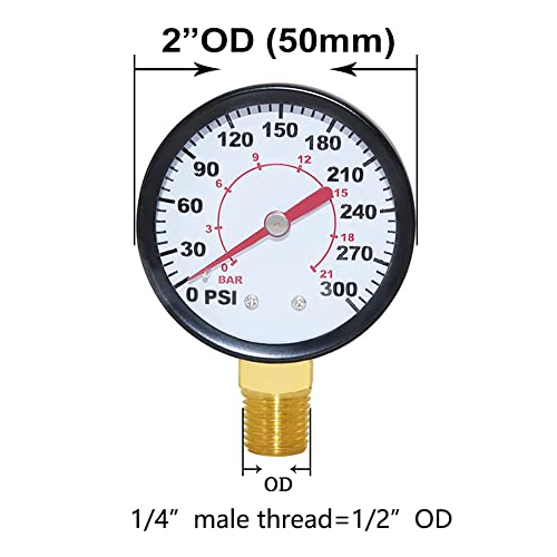 Joywayus Pressure Gauge 0 to 300 PSI Brass 1/4" Male NPT Thread Lower Mount, Multiple Function - size: 0-300PSI--1/4", style: No Glycerin Filled