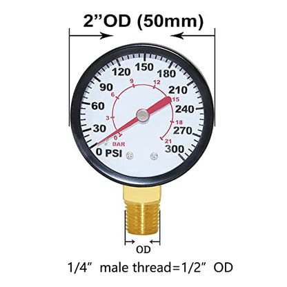 Joywayus Pressure Gauge 0 to 300 PSI Brass 1/4" Male NPT Thread Lower Mount, Multiple Function - size: 0-300PSI--1/4", style: No Glycerin Filled