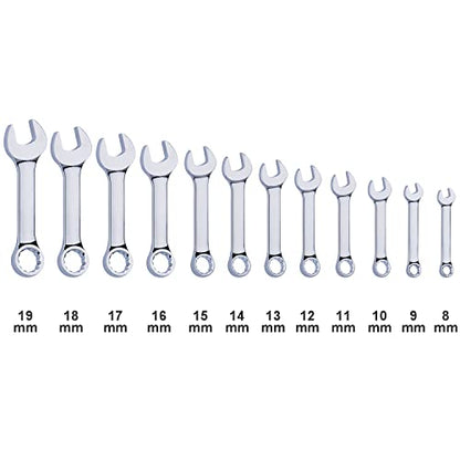Premium Stubby Combination Wrench Set with Roll-up Pouch, 12-Piece, Metric, 8mm to 19mm, No Skipped Size | Cr-V Steel, Mirror Polished Finish | Short Length and Slim Body, Perfect for Confined Areas - size: Metric Set