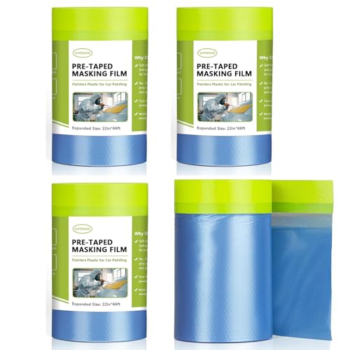 Painters Plastic with Tape 22" x 66',Pre-Taped Masking Film Reinforced Tape and Drape,Tear-Resistant Plastic Painting Film for Car Painting & Home Renovation (4 Rolls) - size: 22" x 66'