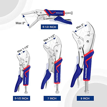 WORKPRO 4-Piece Locking Pliers Set with Comfortable Grip, 5-1/2", 7" and 9" Curved Jaw Locking Pliers, 6-1/2" Long Nose Locking with Storage Bag, Blue&red