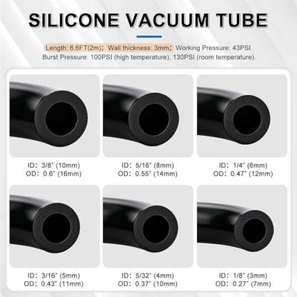 Tnisesm 6.6 FT Vacuum Hose Automotive 1/8" 5/32" 3/16" 1/4" 5/16" 3/8" ID 6 Values 130PSI High Performance Silicone Vacuum Hose line Kit - color: Black, size: 6PCS-6.6FT