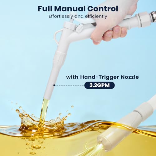 HCALORY Fuel Transfer Pump with Manual Hand Trigger Nozzle, 3.2 Gallon per Min Safe & Portable Gas Can Pump, USB-C & AA Battery Powered, Rubber 51" Hose & 4 Adapters for Gasoline, Diesel, Oil,Kerosene