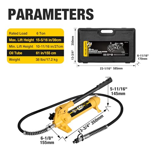YELLOW JACKET 6 ton Porta Power Kit Hydraulic Ram Jack Pusher Puller Auto Body Frame Repair Tool with Blow Mold Carrying Storage Case for Car Repair,Truck,Farm - size: 6 Ton