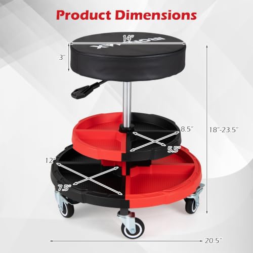 Goplus Rolling Mechanic Stool with Cushioned Seat - color: Red, size: 2-Tier Tool Tray
