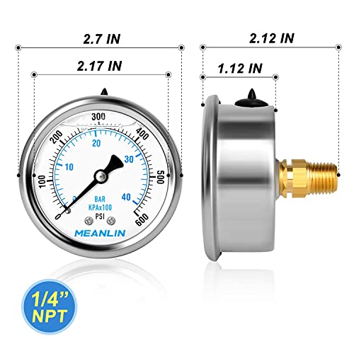 MEANLIN MEASURE 0~600Psi Stainless Steel 1/4" NPT 2.5" FACE DIAL Liquid Filled Pressure Gauge WOG Water Oil Air Center Back Mount, with 1/2" NPT and 3/8" NPT Hex Bushing - size: 0-600Psi
