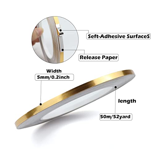 Gold Duct Tape, Metallic Mylar Film Tape, 5mmX 164 Ft. Vinyl Pinstripe Tape for Detailing Accent Wall, Wardrobe, Bathroom, Floor, Tile, Car, Graphic Arts - Stripe Stickers Decals (5mm) - size: 5mm