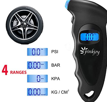 PINKJOY Digital Tire Pressure Gauge 150 PSI, 4 Settings, Tire Gauge for Car, Truck, Motorcycle, Bicycle with Backlit LCD and Non-Slip Grip (Black) - color: Black 1 Pack