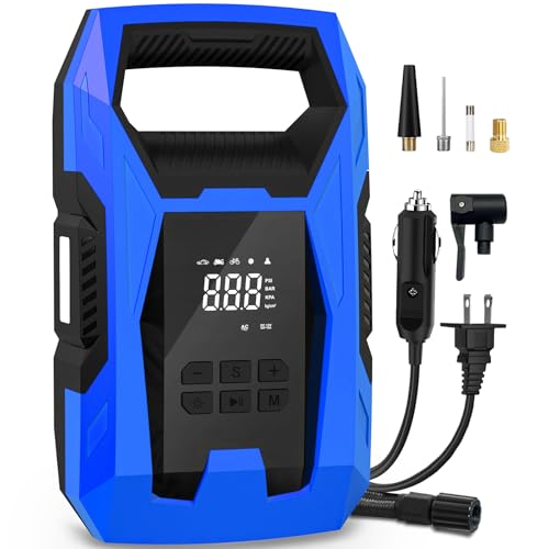 CARSUN AC/DC Tire Inflator Portable Air Compressor, Dual Power for Home 110V AC and Car 12V DC Air Pump with Pressure Gauge, Auto Shutoff, Tire Pump for Car Motorcycle Bike and Other Inflatables, Blue - color: Blue