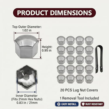 20PCS Lug Nut Covers, 21mm Car Hexagonal Wheel Bolt Covers Caps with Removal Tool, Dustproof Anti-Rust Auto Hub Screw Bolt Head Tire Protector, Universal Lug Nut Cap for Car SUV Truck (Silver) - color: Silver #21mm