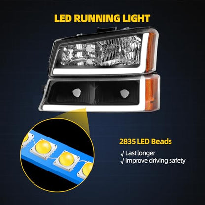 DWVO LED DRL Headlight Assembly Compatible with 03-06 Silverado Black - color: B Black Housing Amber Reflector
