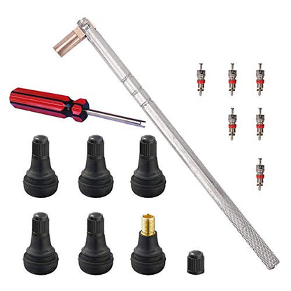 FEBRYTOLD Tire Valve Stem Tool Remover & Installation, 6 Pcs TR412 Snap-in Valve Stems with Valve Stem Cores, 1 Pcs Single Head Tire Valve Core Remover Installer Tool (14 Pcs) - size: 14 pcs