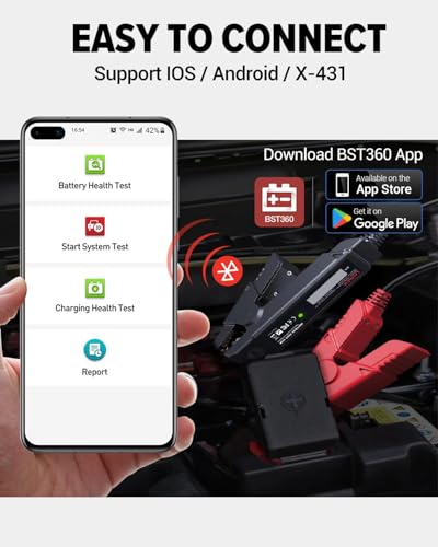 LAUNCH BST360 Bluetooth Battery Tester - 12V Car Battery Analyzer with Charging System & Cranking Tests, Compact Battery Test Clip for Cars, Trucks, RVs, Motorcycles, and Boats