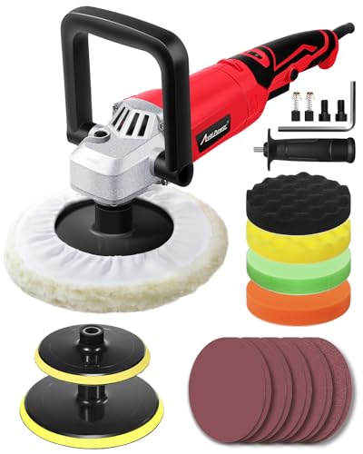 AVID POWER Car Rotary Buffer Polisher Waxer 1200W, 6 Speeds, Polishing Pads - color: Light Red