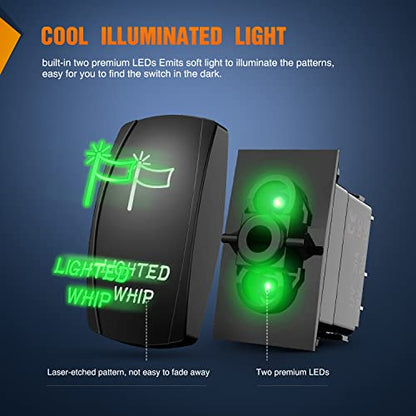 Nilight 5Pin Lighted Whip Rocker Switch Laser Etched Toggle SPST - color: Green, size: LIGHTED WHIP