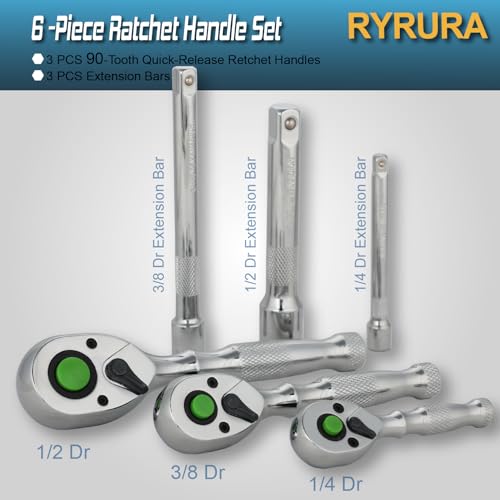 6-Piece Ratchet Set,1/4",3/8",1/2" Drive,Reversible Ratchet Wrench with Extension Bar,90-Tooth,Quick-Release,Chrome Alloy Made,Mens Stocking Stuffers Gifts for Men Gifts for Women - size: 1/4-inch+3/8-inch+1/2-inch Set, style: Combination-metal handle