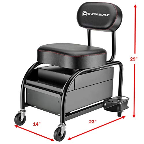 Powerbuilt Professional Car Detailers Mechanics Roller Seat, Heavy Duty Garage Stool with Thick Padded Seat and Backrest, 2 Sliding Storage Drawers, Tool Tray, Can Holders, 3in. Swivel Casters–240299 - size: 2 Sliding Storage Drawers