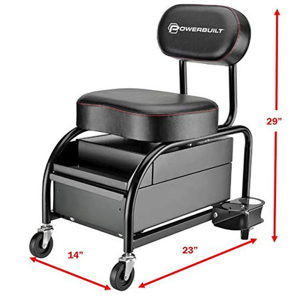 Powerbuilt Professional Car Detailers Mechanics Roller Seat, Heavy Duty Garage Stool with Thick Padded Seat and Backrest, 2 Sliding Storage Drawers, Tool Tray, Can Holders, 3in. Swivel Casters–240299 - size: 2 Sliding Storage Drawers