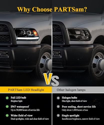 Partsam Full LED Headlights Assembly Compatible with 2009-2018 Ram 1500 2500 3500, DOT Approved Dual Projector Lens Headlamp Pair with Start Animation DRL Sequential Turn Signal Hi/Low Beam 6500K IP67 - color: Black
