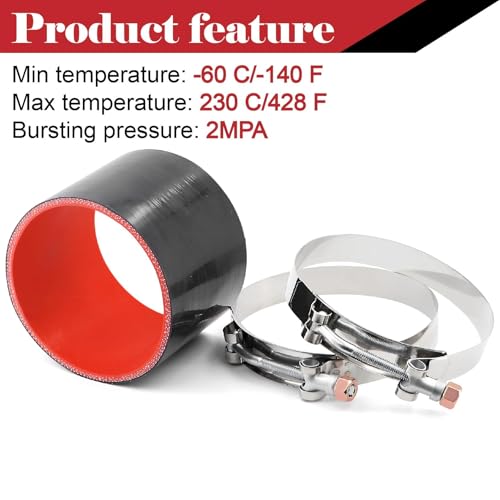 Silicone Straight Hose 4 inch(102mm) Coupler, Rubber 4-ply Reinforced 3 inch Length Pipe 4×3 Air Intake Exhaust Hose Turbo Intercooler Coolant Radiator Tubing with Stainless Steel T-Bolt Clamps - size: 4 Inch