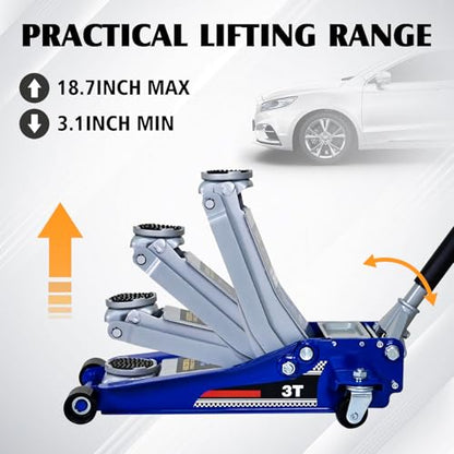 3 Ton Low Profile Hydraulic Floor Jack, Heavy Duty Steel Dual Piston Quick Lift Pump, CE Certified - size: Steel Body - Low Profile (3.1" Min Height)
