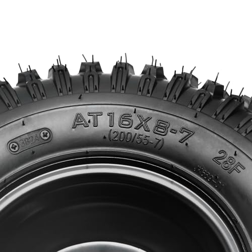 2PCS 16x8-7 ATV UTV Go Kart Tires and 7" Wheels 4 Lug Rims with 24T Spline Rear Axle Wheel Hubs, 200/55-7 16x8.00-7 Tubeless All Terrain Tires for Quad Bike Mini Bike Lawn Mower Yard Tractor Trike