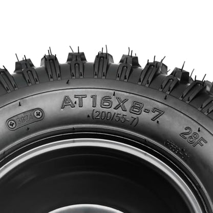 2PCS 16x8-7 ATV UTV Go Kart Tires and 7" Wheels 4 Lug Rims with 24T Spline Rear Axle Wheel Hubs, 200/55-7 16x8.00-7 Tubeless All Terrain Tires for Quad Bike Mini Bike Lawn Mower Yard Tractor Trike