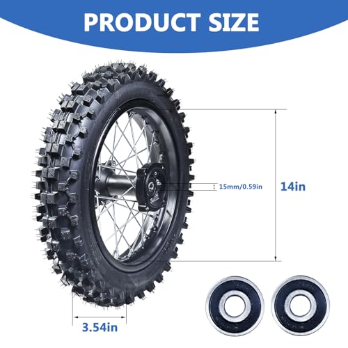 3.00-14 90/100-14 Dirt Bike Rear Rim Wheel Tire With 15mm Bearing for 125cc 140cc 150cc 160cc Kayo TT140 TTR125 RM80 RM85 KLX140R DB17 DB27 X-Motos Apollo RFZ DB-X18 SSR SR150 Baja Pit Bike