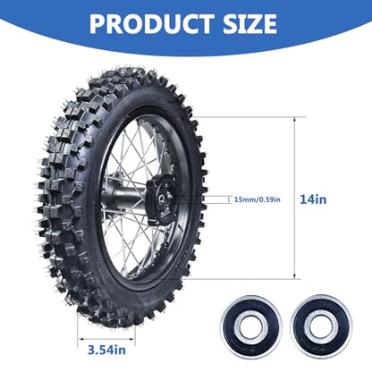 3.00-14 90/100-14 Dirt Bike Rear Rim Wheel Tire With 15mm Bearing for 125cc 140cc 150cc 160cc Kayo TT140 TTR125 RM80 RM85 KLX140R DB17 DB27 X-Motos Apollo RFZ DB-X18 SSR SR150 Baja Pit Bike