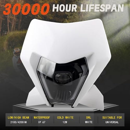 Dirt Bike LED Headlight,Motorcycle Elliptical Headlamp Supermoto Fairing For TC FE TE EXC XCW SXF SX 125 250 300 350 450 500 530 SMC R 690 2024 White - color: White