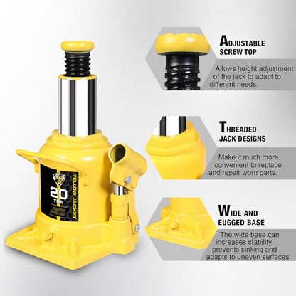 YELLOW JACKET 20 Ton Low Profile Bottle Jack, Welded Hydraulic Stubby Jack(40,000 LBs) - size: 20 Ton