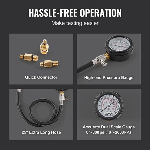 VEVOR Compression Tester Adapter Kit, 9 Pcs Automotive Engine Cylinder Leak Down Compression Test, Accurate Dual Scale Pressure Gauge 0-300 psi, with Long Reach Hoses and Case for Engine Cylinders