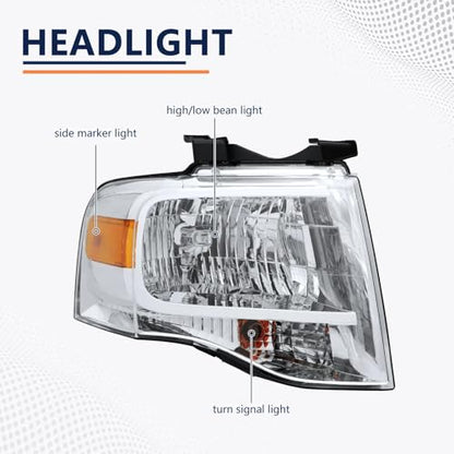 PENSUN Headlights for Ford Expedition 2007-2014,Halogen, Chrome, Passenger - size: passenger side