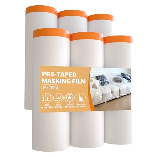 Pre-Taped Masking Film for Painting 94 Inch x 65 Feet 6 Rolls - size: 94in x 50Ft