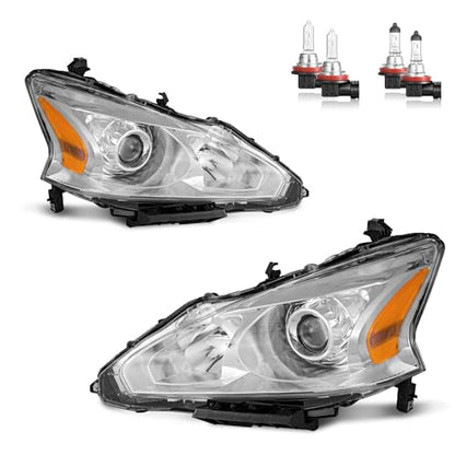 Halogen Headlights for 2013-2015 Nissan Altima 4-Door - color: Polished Chrome | With High & Low Beam Bulbs