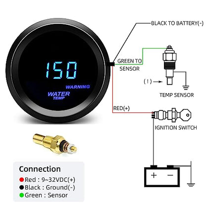 2" 52mm Water Temp Gauge Fahrenheit F with Sender Kit Digital Blue LED for 12V Car AUTO - size: Water Temp F