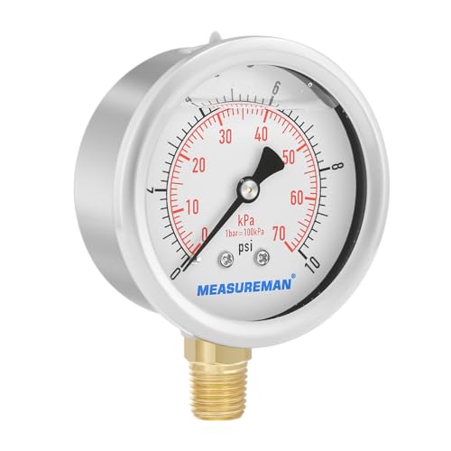 MEASUREMAN 2-1/2" dial,Glycerin Filled, Stainless Steel case, Brass Inside, 0-10psi/kpa,1/4" NPT Lower Mount - size: 0-10 psi, style: Lower Mount