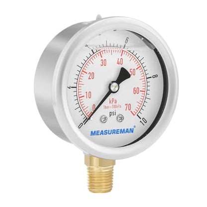 MEASUREMAN 2-1/2" dial,Glycerin Filled, Stainless Steel case, Brass Inside, 0-10psi/kpa,1/4" NPT Lower Mount - size: 0-10 psi, style: Lower Mount