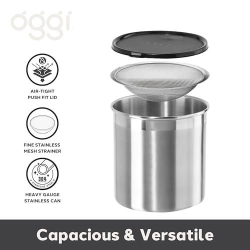 Oggi Stainless Steel Jumbo Grease Container with Removable Strainer and Snug Lid. Perfect container for fryer oil, bacon drippings, lard and ghee oil. Large capacity can - 1 Gall / 4 Qt / 3.75 Lt - size: 4 Quarts