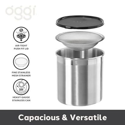 Oggi Stainless Steel Jumbo Grease Container with Removable Strainer and Snug Lid. Perfect container for fryer oil, bacon drippings, lard and ghee oil. Large capacity can - 1 Gall / 4 Qt / 3.75 Lt - size: 4 Quarts
