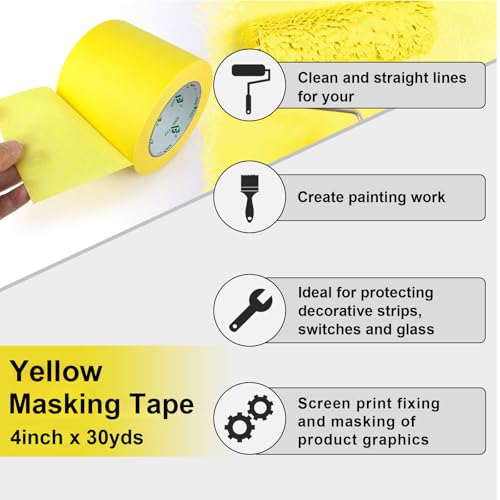 BOMEI PACK Wide Yellow Painters Tape 4 Inches x 30 Yards, 3D Tape, 3D Printing Tape for Laser Cutting, 21-Day Clean Removal Wide Masking Tape - color: Yellow