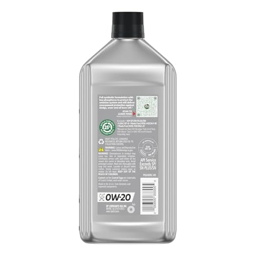 Castrol GTX Full Synthetic High Mileage 0W-20 Motor Oil, 1 Quart, Pack of 6