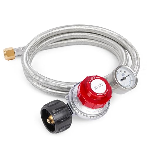 GASPRO 0-30 PSI Adjustable High Pressure Propane Regulator with Gauge, 5-Foot Stainless Braided Hose, Perfect for Turkey Fryer, Gas Burner, Fire Pit - size: 5FT