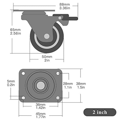 2" Caster Wheels Set of 4, Furniture Casters with Brake, No Noise Locking Rubber Castors, Plate Swivel Small Caster Wheels, Suitable for Workbench, Table,Cart - style: 2 " With brakes